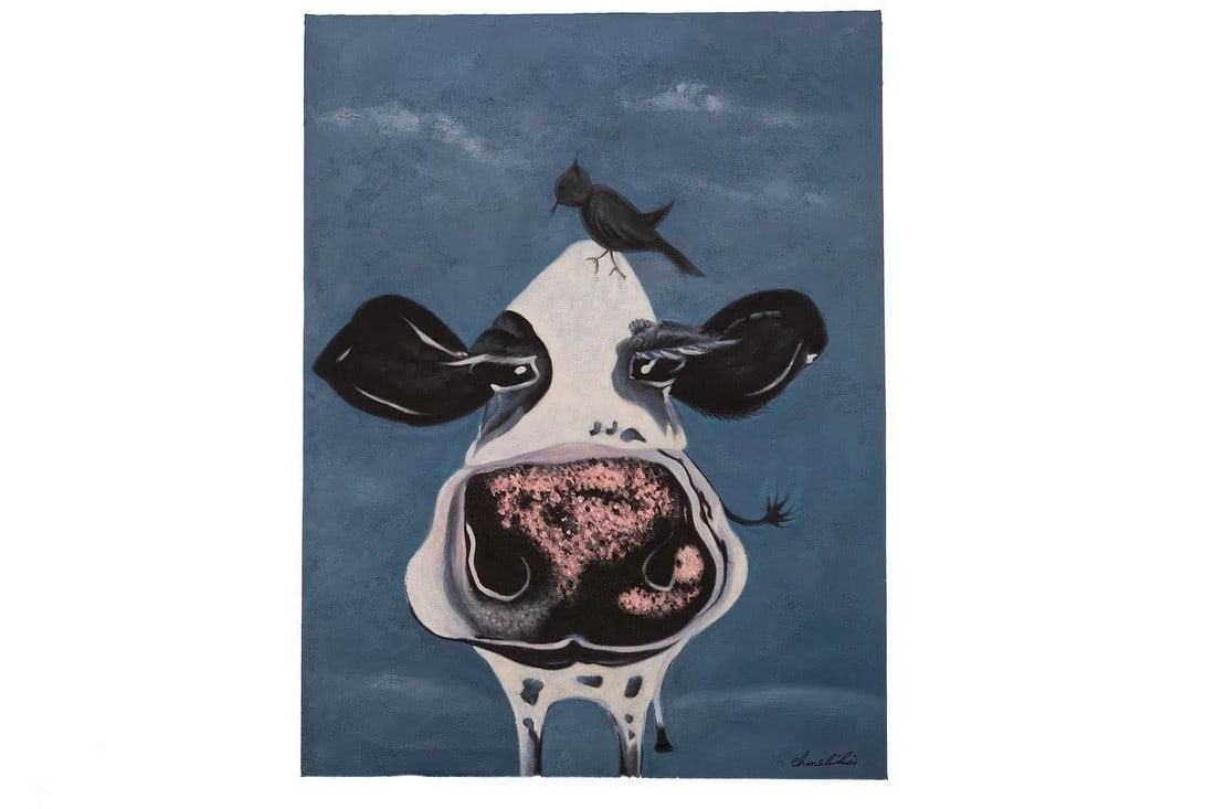 Mid 20th Century Cow with Black Bird on Head: Cow with Black Bird on Head Size Without Frame (inches) 30 x 39.5 Size with Frame (inches) Condition: Alterations: Unknown Imperfections: Some Imperfections Condition Notes: The item you're