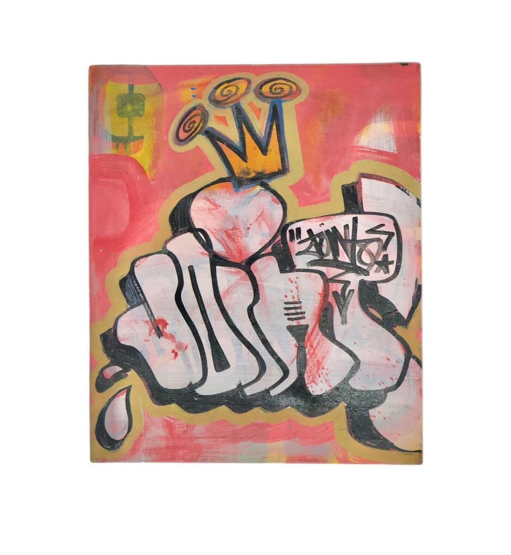 Mid 20th Century Graffiti-Style Canvas Painting: This is a canvas painting featuring graffiti-style art, characterized by bubble letters and vibrant colors. Â• The central image is a stylized heart wearing a crown. Â• It is