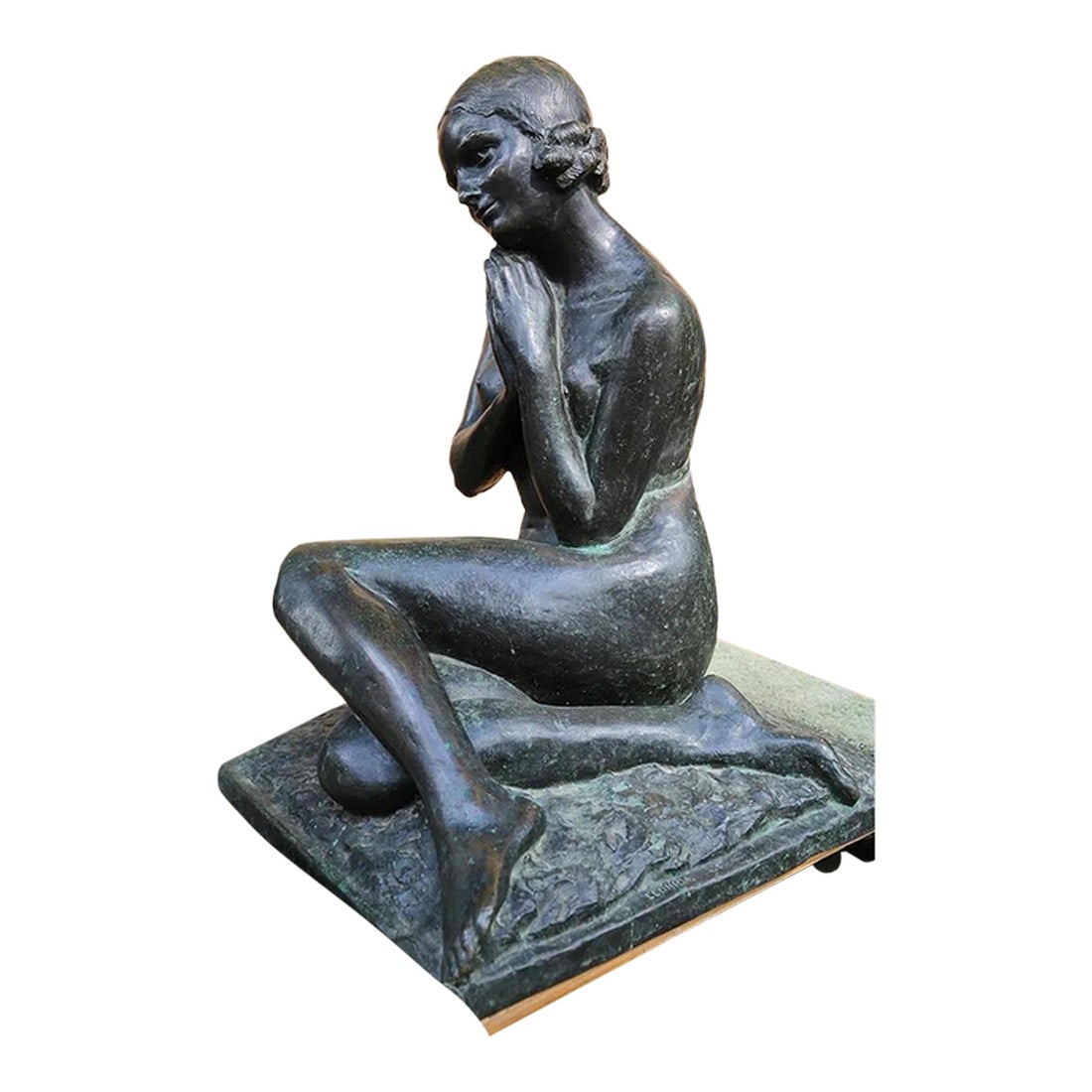 Mid 20th Century Nude Seated Girl - Leonida Bronze: Leonida Bronze 29" base 16.5"x21" Nude seated girl Condition: Alterations: Unknown Imperfections: Some Imperfections Condition Notes: Good Condition Dimensions: Height: 29 in. Width: 21 in. Depth: 16.