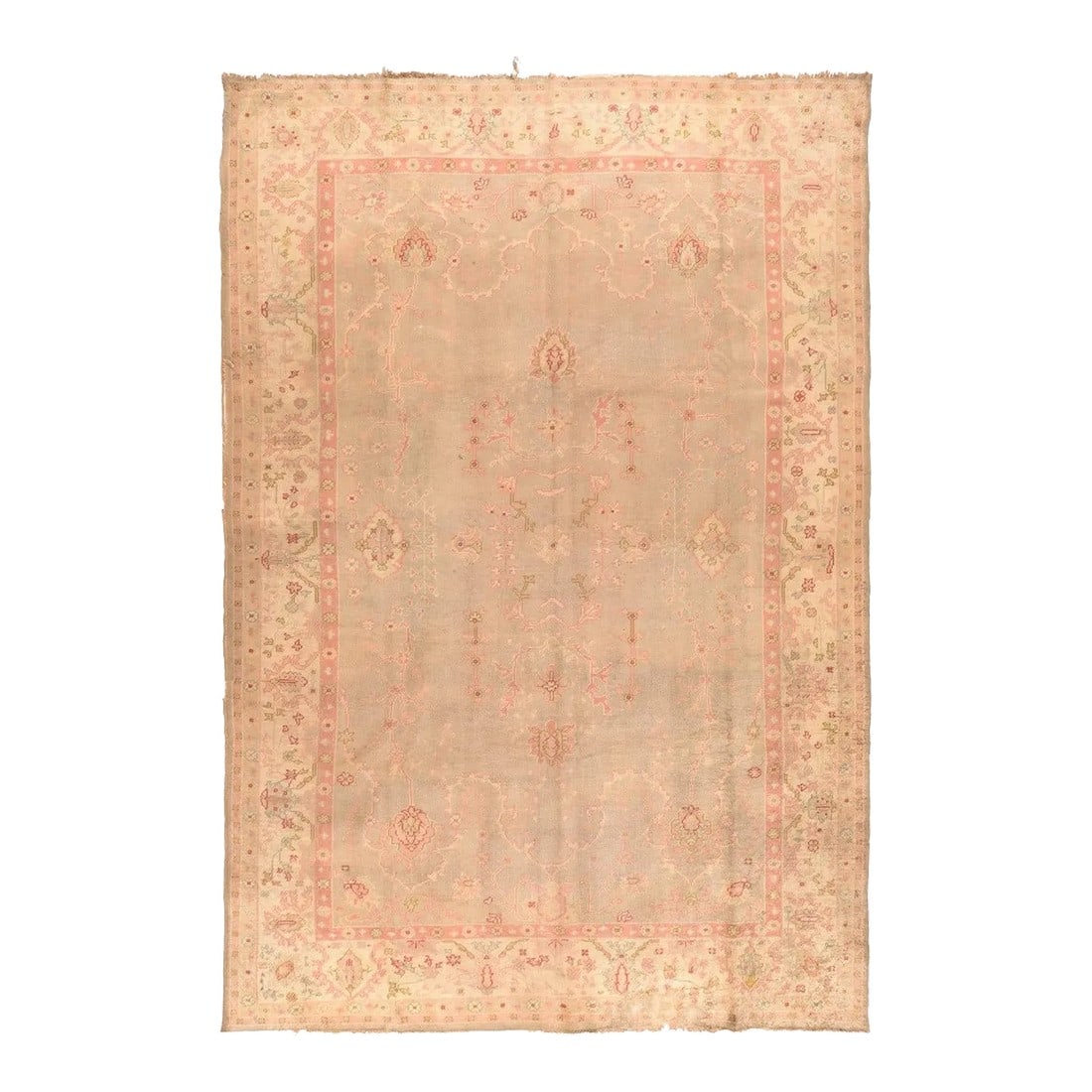 Antique Oushak Rug 8'1'' X 11'10'': A sandy cream border with long leaf stylized plants and delicate flower sprays, frames the putty-coloured field with widely dispersed straw-sand floating cartouches, vegetal elements and stiffly