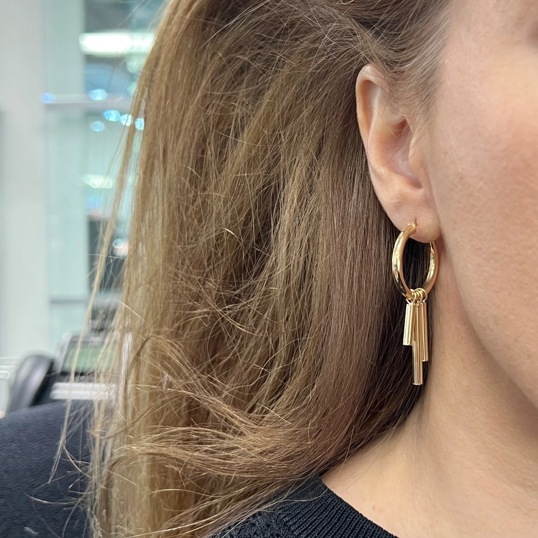 Fringe Dangle Drop Hoop Earrings 14K Yellow Gold, 2 Inches, 3.05 Grams - 6