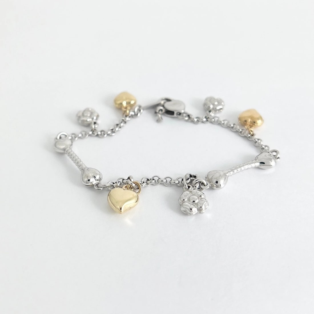 Italian Two-Tone Heart Flower Charm Bracelet 14K White and Yellow Gold, 8.23 Gr - 10