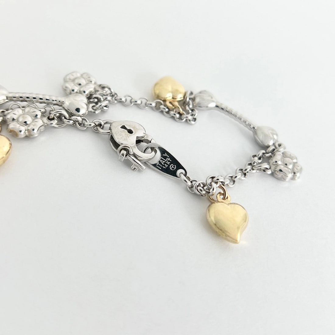 Italian Two-Tone Heart Flower Charm Bracelet 14K White and Yellow Gold, 8.23 Gr - 11