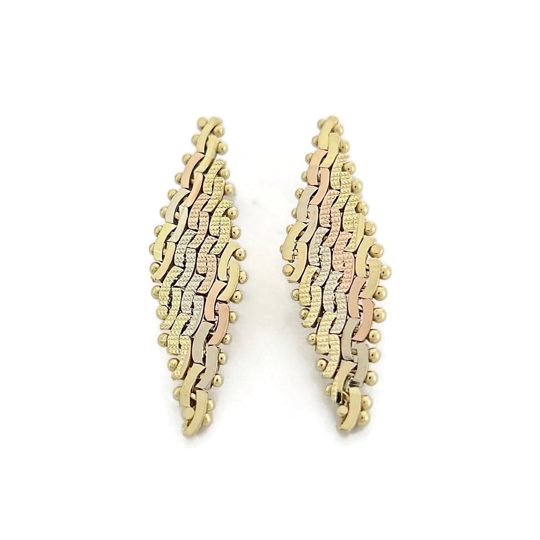 Tri-Color Drop Earrings 14K Yellow Rose White Gold, 1.2 Inches, 3.57 Grams: Tri-Color Drop Earrings 14K Yellow Rose White Gold, 1.2 Inches, 3.57 Grams These are beautiful earrings that will look great on any ears. Please let us know if you have any questions. Metal: 14K