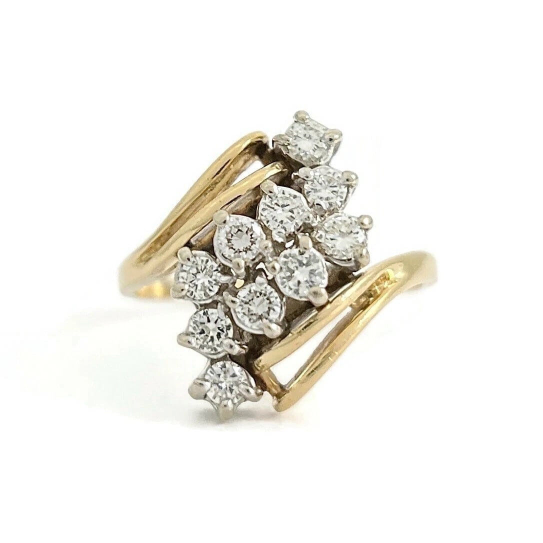 Estate Diamond Cluster Asymmetrical Cocktail Ring 14K Yellow Gold, 4.67 Grams: Estate Diamond Cluster Asymmetrical Cocktail Ring 14K Yellow Gold, 4.67 Grams This ring is a beautiful ring! Please let us know if you have any questions. Diamonds: 10 round brilliant cuts, .50 ctw, H