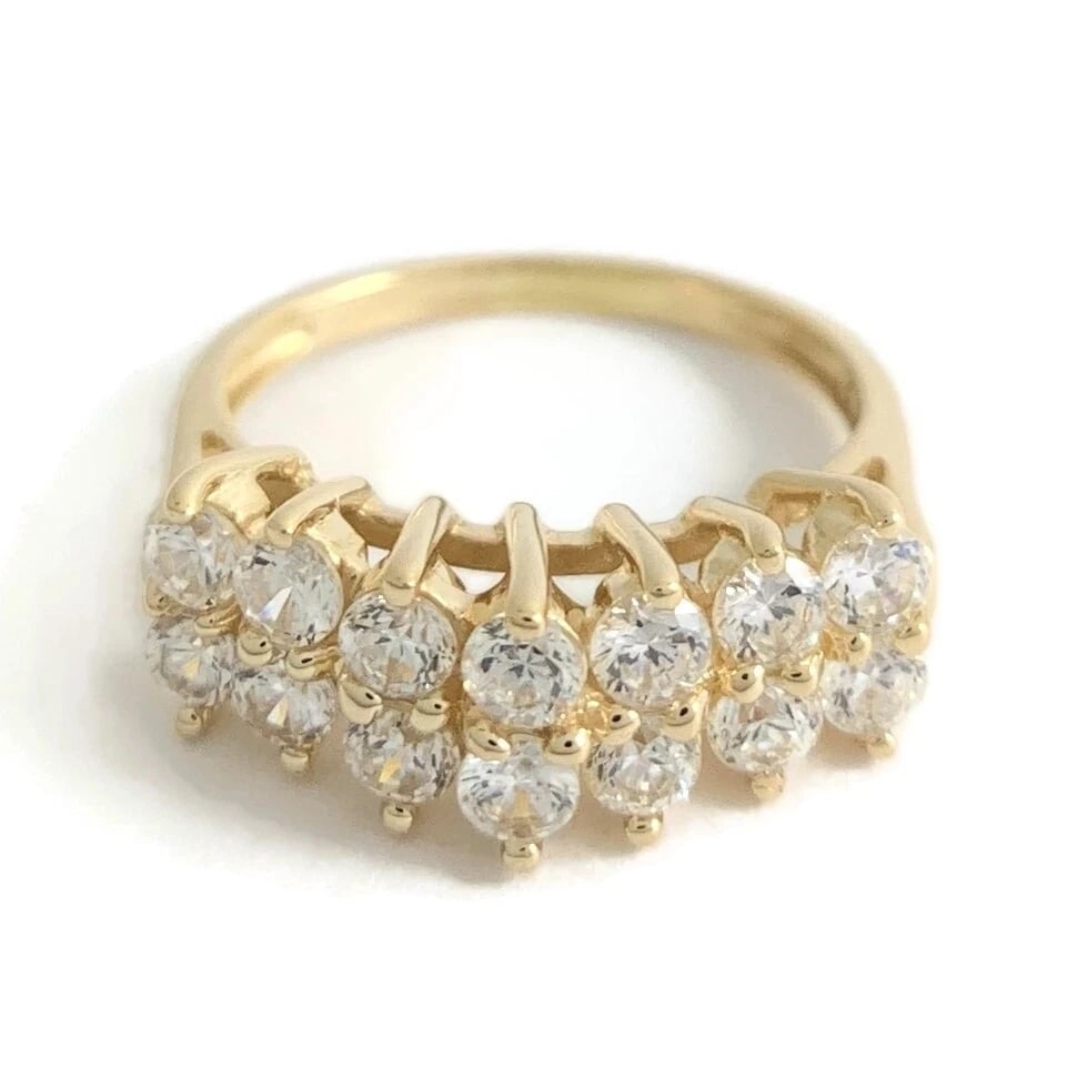 2-Row Round CZ Cubic Zirconia Wedding Band Ring 14K Yellow Gold, 2.95 Grams: 2-Row Round CZ Statement Band Ring 14K Yellow Gold, 2.95 Grams This is a beautiful and unique ring! Please let us know if you have any questions. Gemstones: 14 round cubic zirconia, .84 ctw Metal: 14K