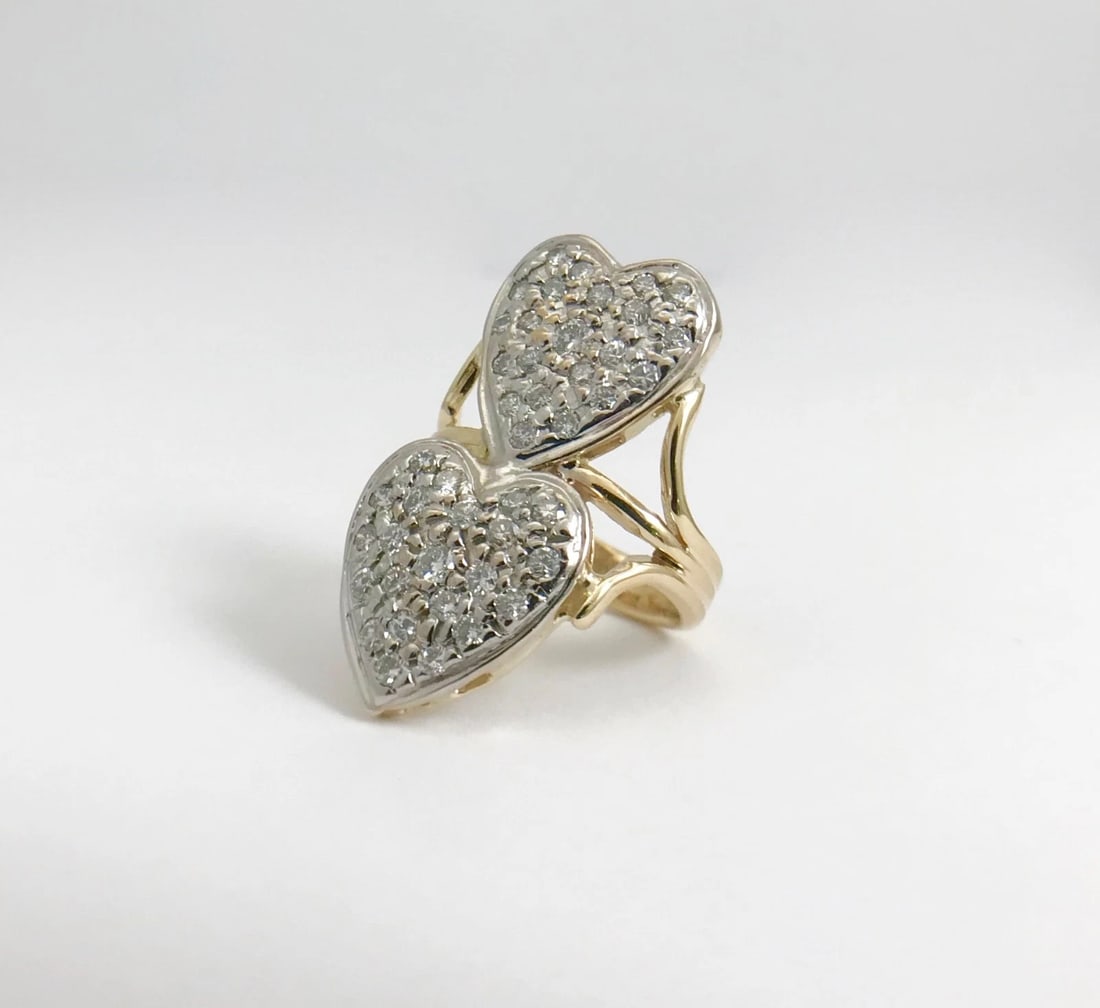 Two-Tone Double Heart Diamond Long Cocktail Ring 14K Yellow White Gold, 6.27 Gr - 10