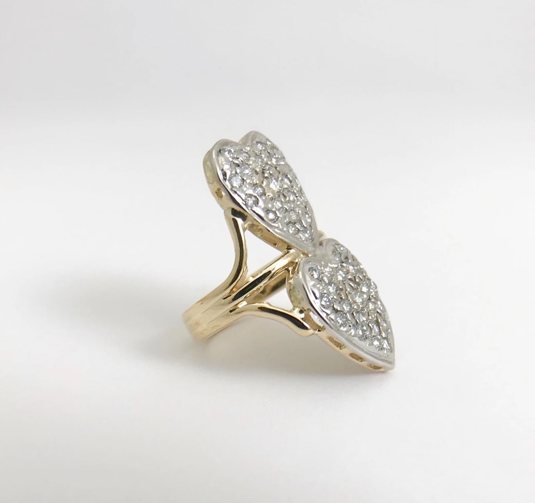 Two-Tone Double Heart Diamond Long Cocktail Ring 14K Yellow White Gold, 6.27 Gr - 8
