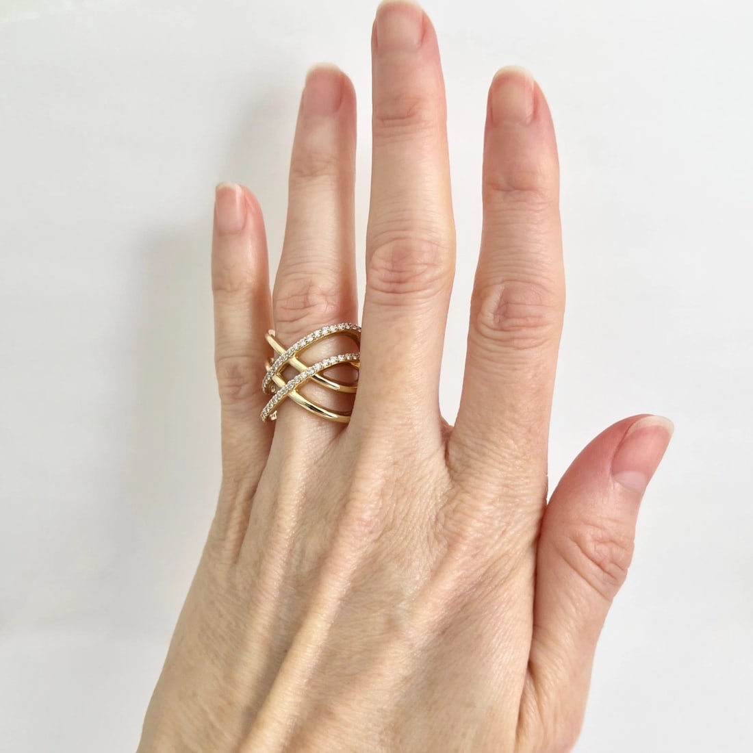 Wide Diamond Multi Crisscross Crossover Statement Ring 14K Yellow Gold, Size 7 - 2