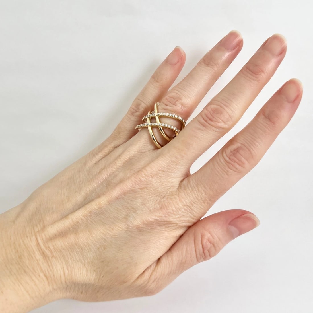 Wide Diamond Multi Crisscross Crossover Statement Ring 14K Yellow Gold, Size 7 - 3