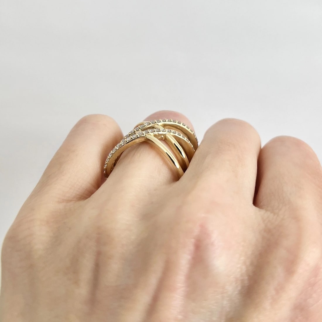 Wide Diamond Multi Crisscross Crossover Statement Ring 14K Yellow Gold, Size 7 - 4