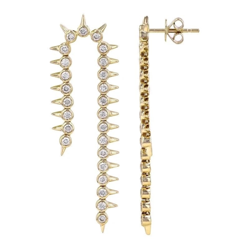 Long Diamond Bezel Spike Chain Dangle Drop Earrings 14K Yellow Gold, 1.09 CTW: Long Diamond Bezel Spike Chain Dangle Drop Earrings 14K Yellow Gold, 1.09 CTW These are such hot earrings! Please let us know if you have any questions. Diamonds: 50 round brilliant cuts 1.09 ctw,