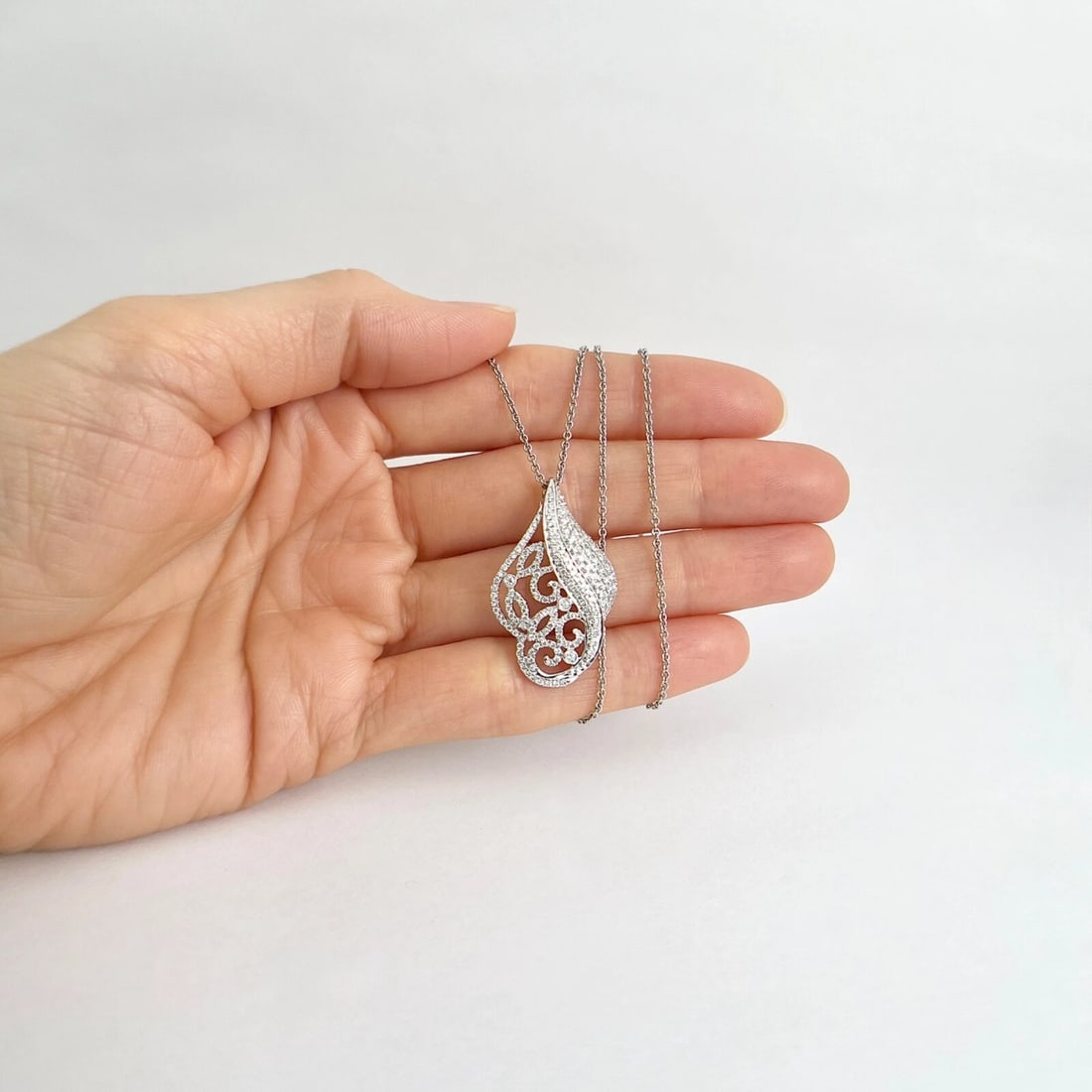Asymmetrical Floral Diamond Filigree Pendant Necklace 18K White Gold, .82 CTW - 3