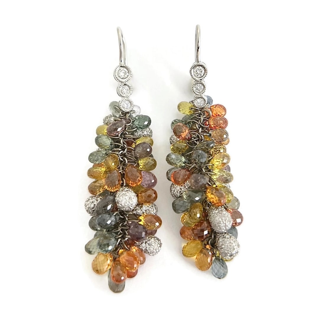 Multicolored Sapphire Diamond Dangle Drop Earrings 18K White Gold, 47.95 CTW: Multicolored Sapphire Diamond Dangle Drop Earrings 18K White Gold, 47.95 CTW These are gorgeous and unique earrings! Please let us know if you have any questions. Gemstone: briolette cut yellow, orang