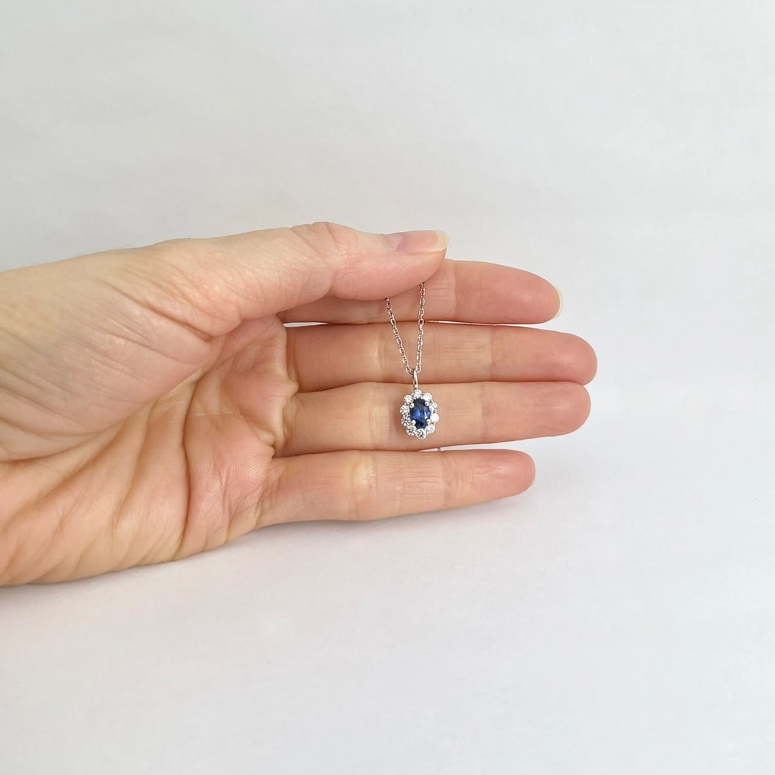Oval Blue Sapphire Diamond Halo Gemstone Pendant Necklace 14K White Gold, .92 TW - 4