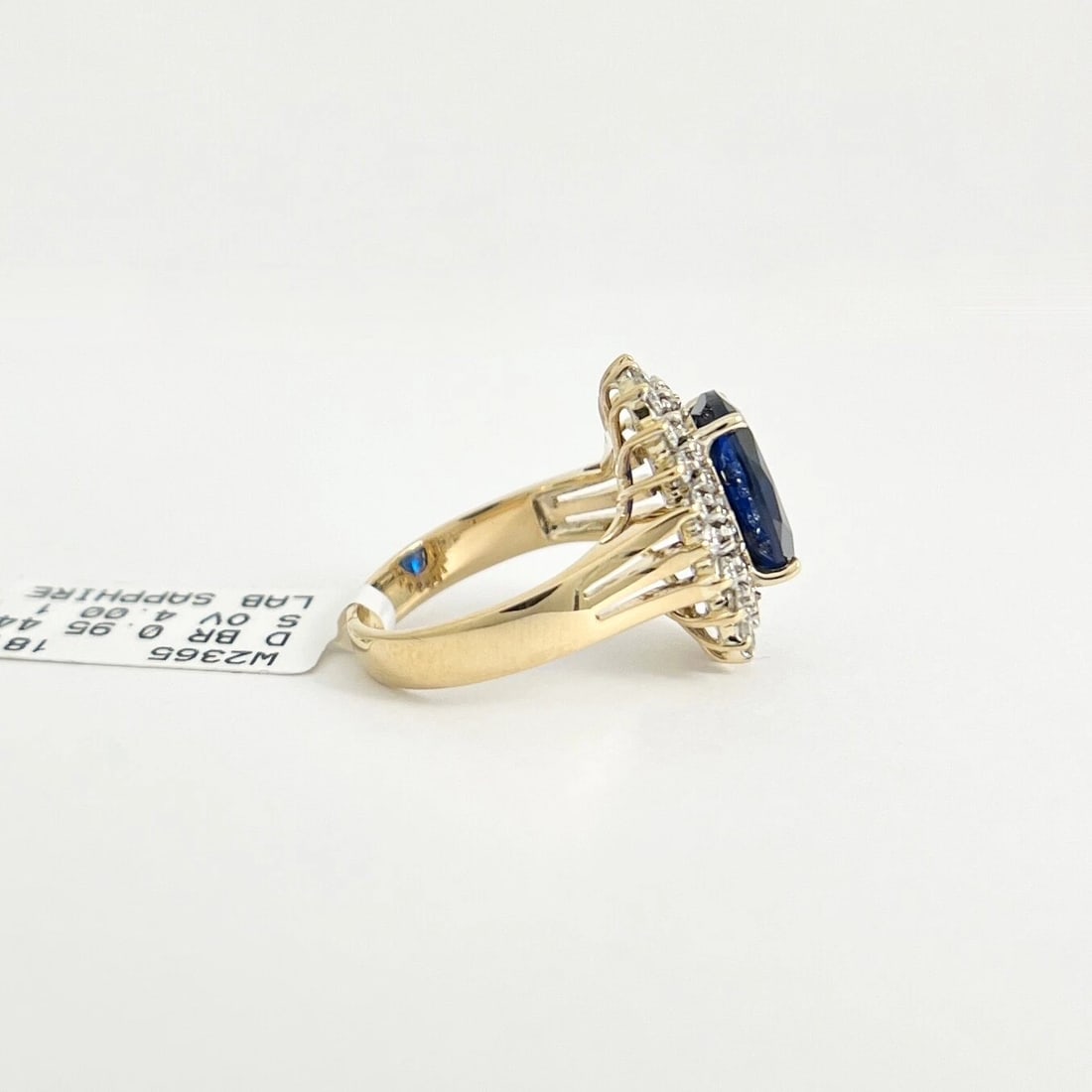 Oval Blue Simulated Sapphire Diamond Double Halo Ring 18K Yellow Gold 4.95 CTW - 6