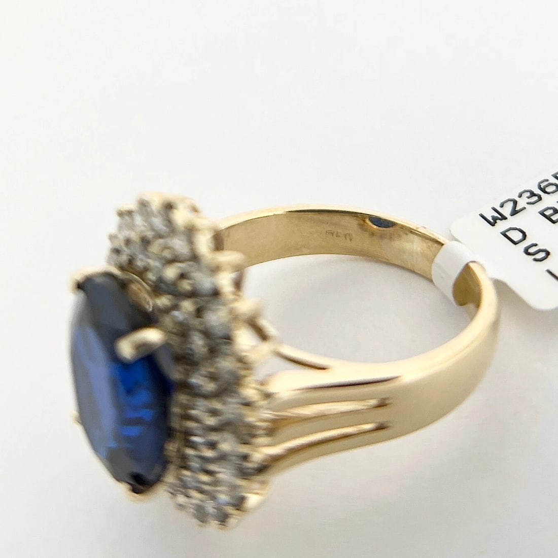 Oval Blue Simulated Sapphire Diamond Double Halo Ring 18K Yellow Gold 4.95 CTW - 8
