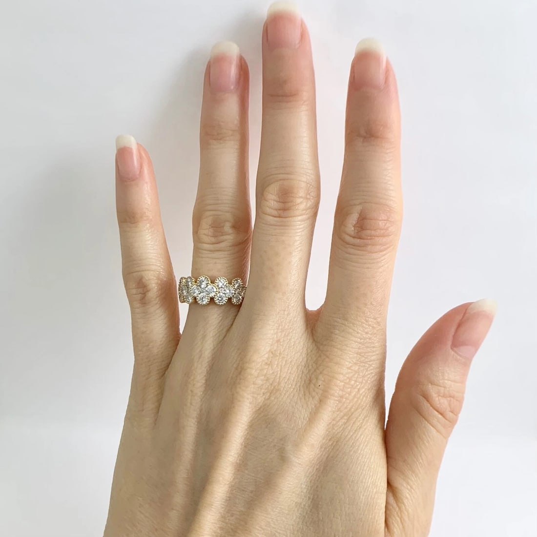 Wide Cluster Clover Diamond Milgrain Band Ring 14K Yellow Gold, 1.45 CTW - 3