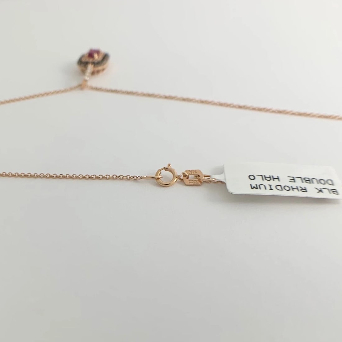 Ruby Cognac Diamond Black Rhodium Double Halo Pendant Necklace 14K Rose Gold - 10