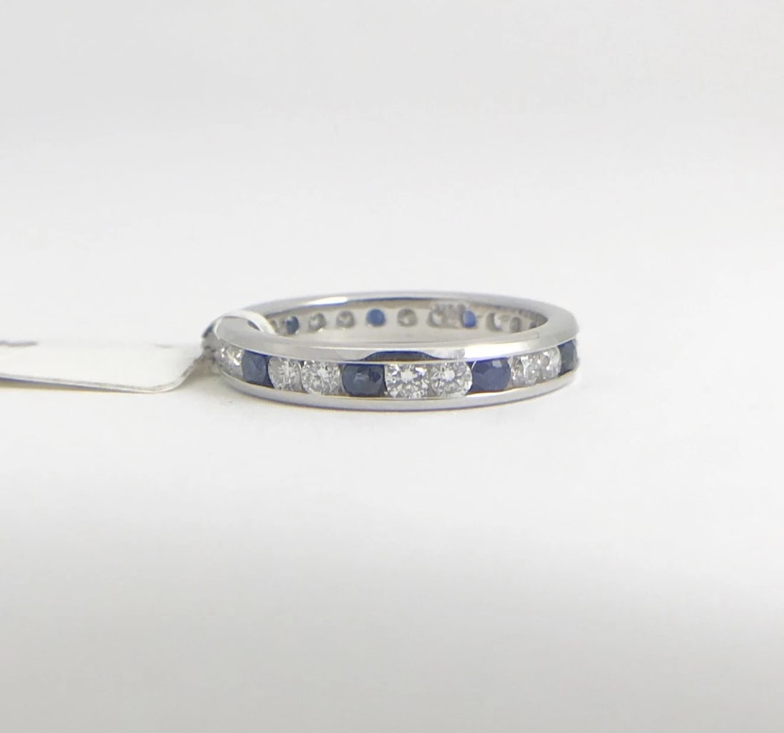 Blue Sapphire and Diamond Eternity Band Ring 14K White Gold, .90 CTW, Size 4 - 10