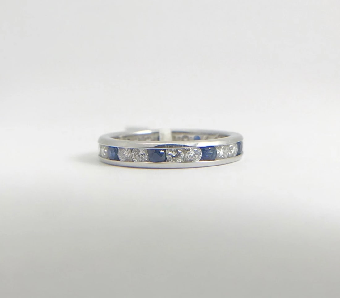 Blue Sapphire and Diamond Eternity Band Ring 14K White Gold, .90 CTW, Size 4 - 8