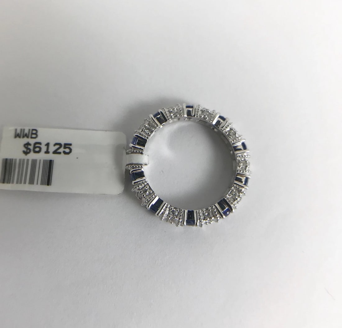 Blue Sapphire and Diamond Eternity Band Ring 14K White Gold, 1.30 CTW, Size 4.75 - 10
