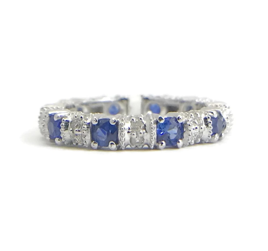 Blue Sapphire and Diamond Eternity Band Ring 14K White Gold, 1.30 CTW, Size 4.75: Blue Sapphire and Diamond Eternity Band Ring 14K White Gold, 1.30 CTW, Size 4.75 This ring is so beautiful! Beautiful craftsmanship! Don't hesitate to ask any questions! Even Works beautifully as a