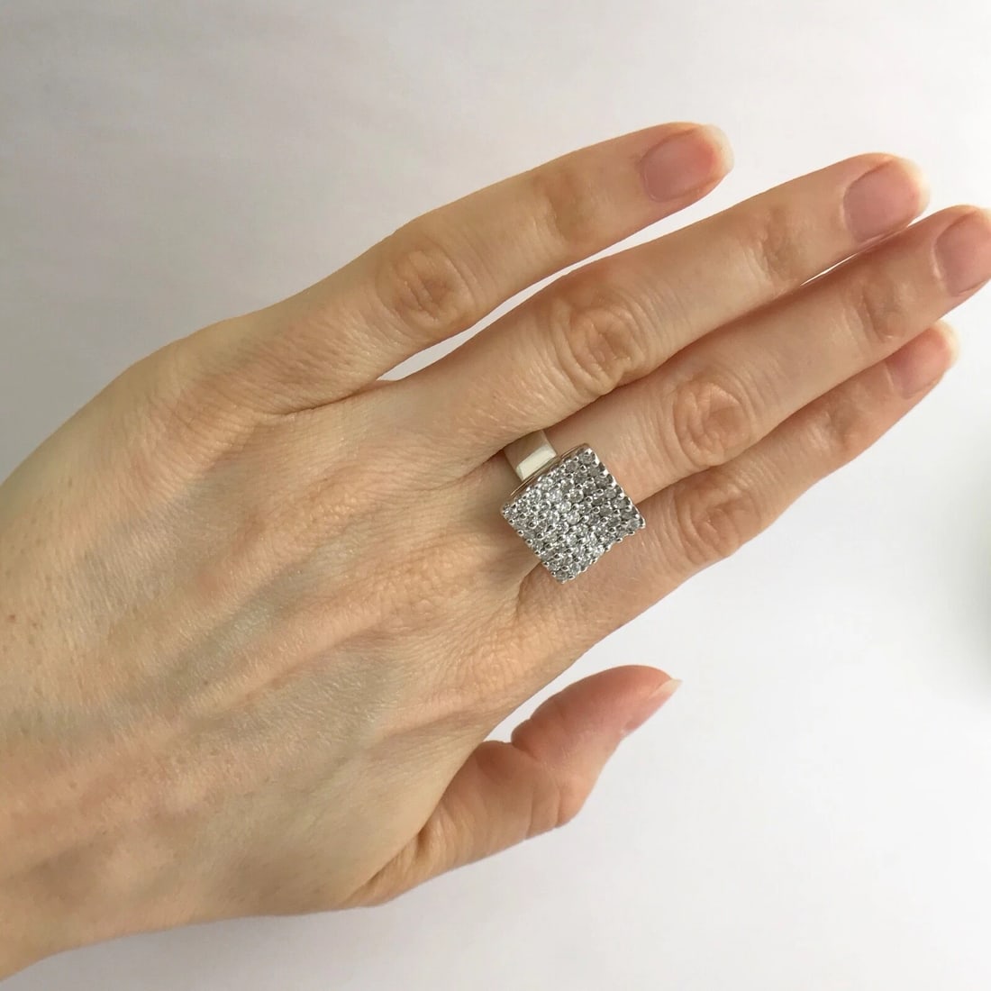 Square Wave Pave Diamond Cluster Cocktail Ring 18K White Gold, 1.03 CTW - 4