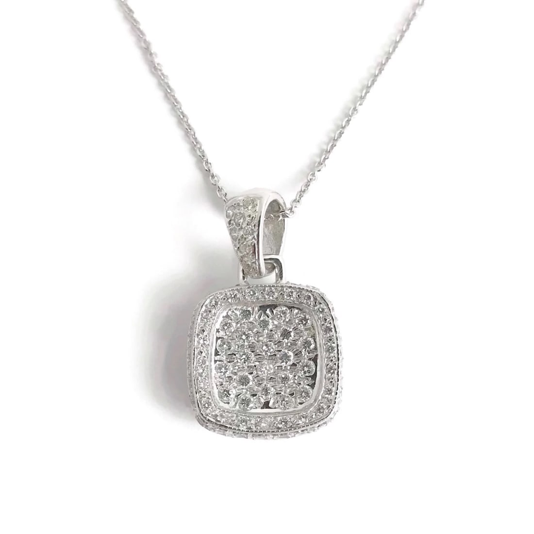 Diamond Pave Cushion Halo Pendant Necklace 18K White Gold, 1.15 CTW, 7.24 Grams: Diamond Pave Cushion Halo Pendant Necklace 18K White Gold, 1.15 CTW, 7.24 Grams Make a statement with this gorgeous diamond necklace! Please let us know if you have any questions. Diamonds: 74 round b