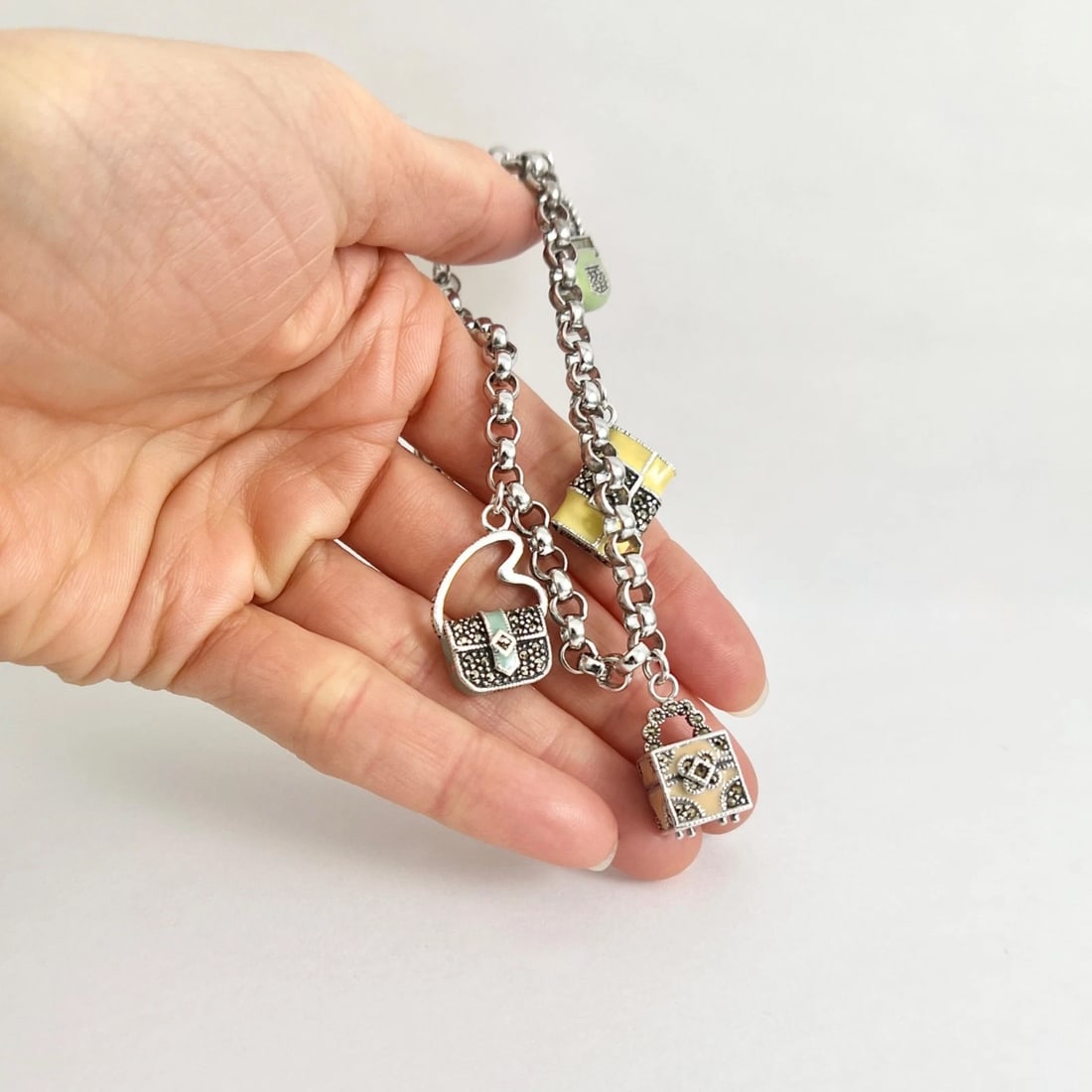 Vintage Judith Jack Enamel Purse Charm Bracelet Sterling Silver, 38.02 Grams - 4