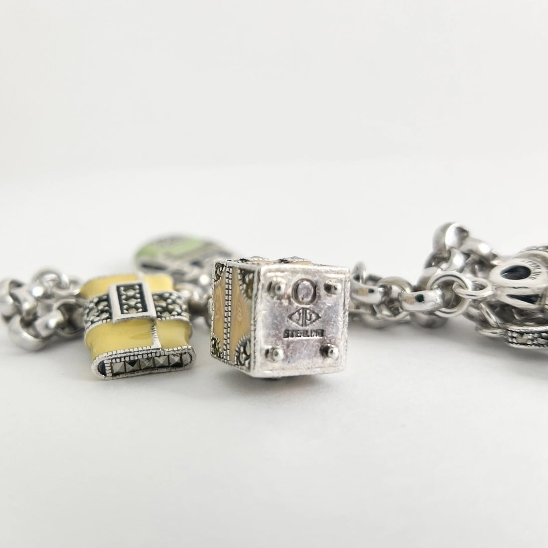 Vintage Judith Jack Enamel Purse Charm Bracelet Sterling Silver, 38.02 Grams - 9