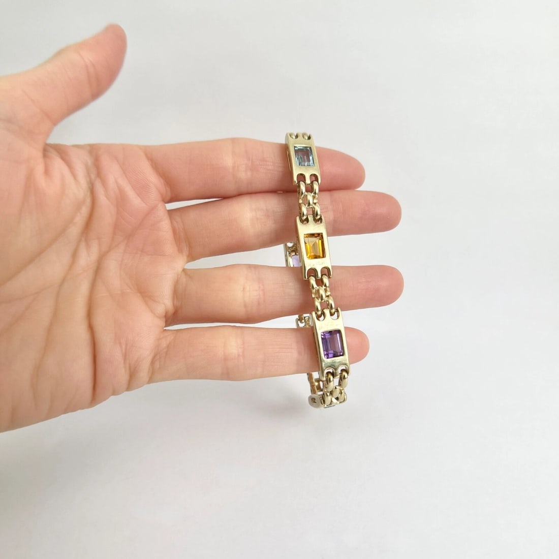 Vintage Multicolored Gemstone Chain Link Bracelet 14K Yellow Gold, 26.23 Grams - 3