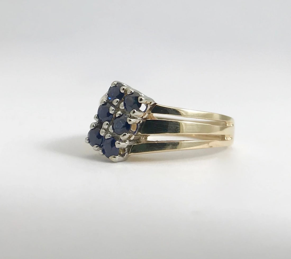 Vintage Blue Sapphire Cluster Cocktail Ring 14K Yellow Gold, Size 5.5, 4.28 Gram - 12