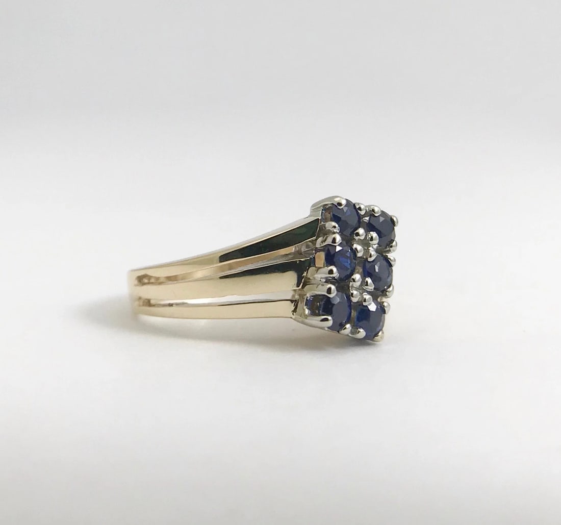 Vintage Blue Sapphire Cluster Cocktail Ring 14K Yellow Gold, Size 5.5, 4.28 Gram - 9