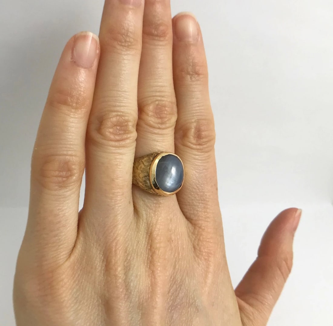Vintage 1960's Handmade Oval Star Sapphire Ring 14K Yellow Gold, 11.95 Grams - 3