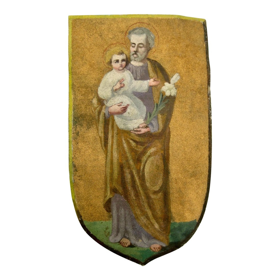 19th Century Byzantine Style Watercolor Painting of Joseph and Child Blason: This charming watercolor on canevas represent Josef and child and a lily flower that refer to the virgin Marie in the tradition of the Byzantine tradition of a gold background for all sacred scenes ,