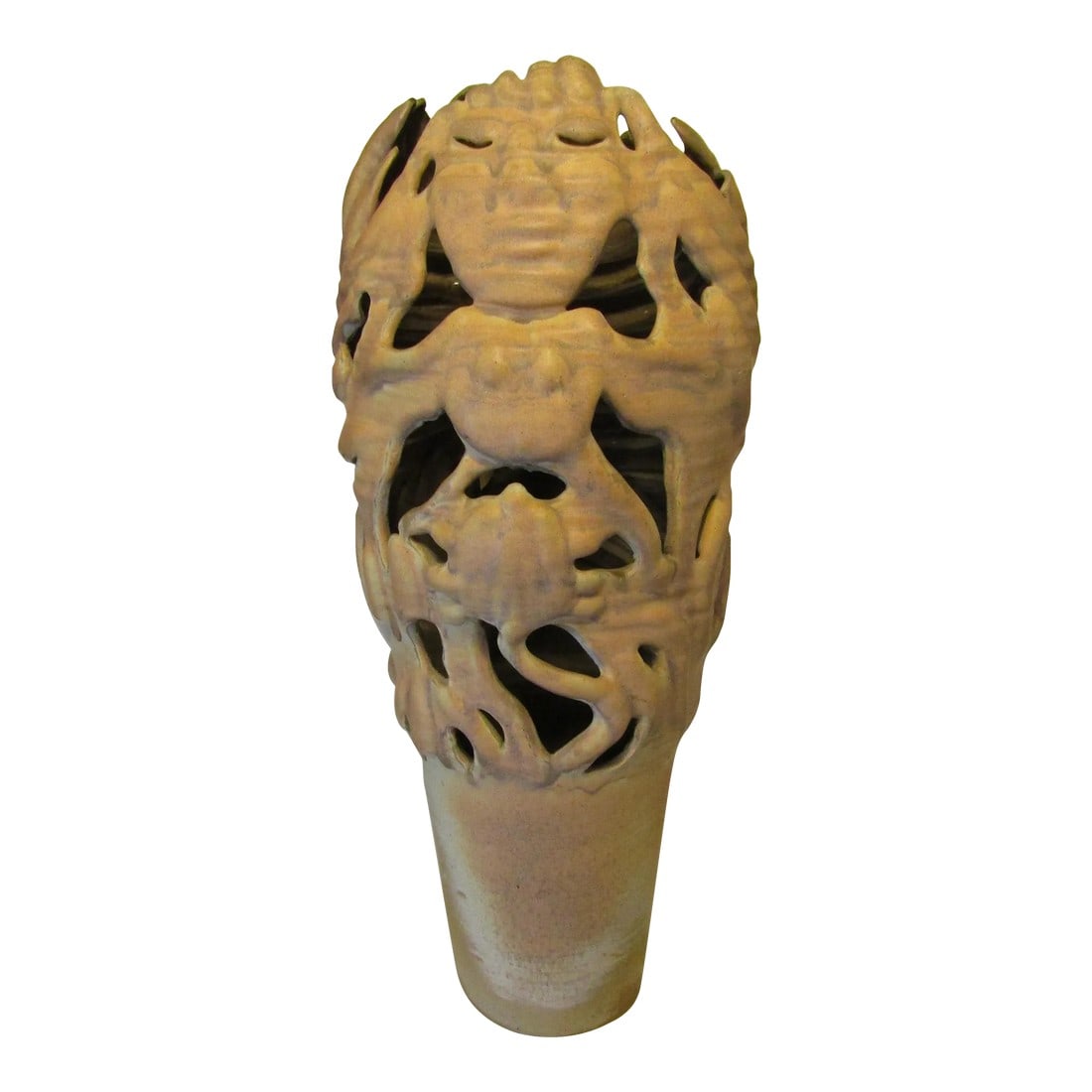 1950s Large Monté Artist Signed Amorphic Figurative Studio Pottery Floor Vase: Large Monté Artist Signed Amorphic Figurative Studio Pottery Floor Vase Measures 33 1/2" tall with a 8" base diameter and 15" wide. Weighs 41 pounds. This unusual piece comes from the estate of