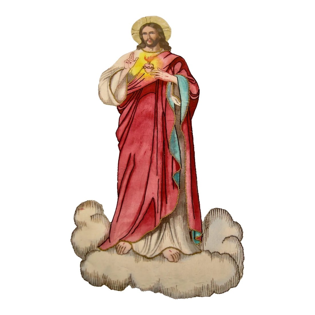 Late 19th Century French Embroidery of Christ: Part of a banner from the french catholique church , this embroidery is typical from the late 18 hundreds and represent the Christ , the use of several techniques and materials create an very nice