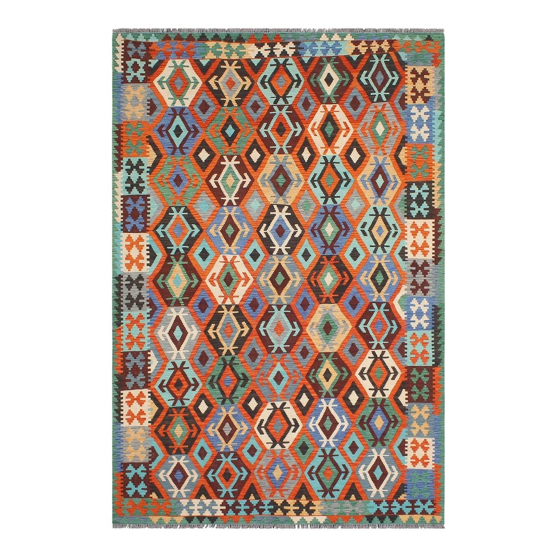 1990s Kilim Rust Blue Wool Rug - 6'9" X 9'9": Add a touch of elegance to your home with this casual chic hand woven Tribal Kilim wool rug. Constructed on a loom by Nomad Turkman people with hand-spun wool and 100% Natural Vegetable dyes these