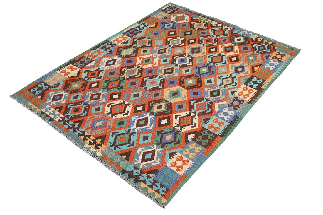 1990s Kilim Rust Blue Wool Rug - 6'9" X 9'9" - 2