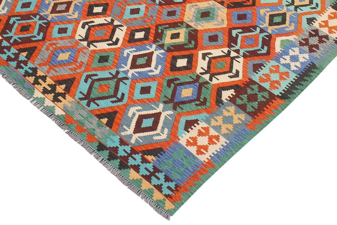 1990s Kilim Rust Blue Wool Rug - 6'9" X 9'9" - 3