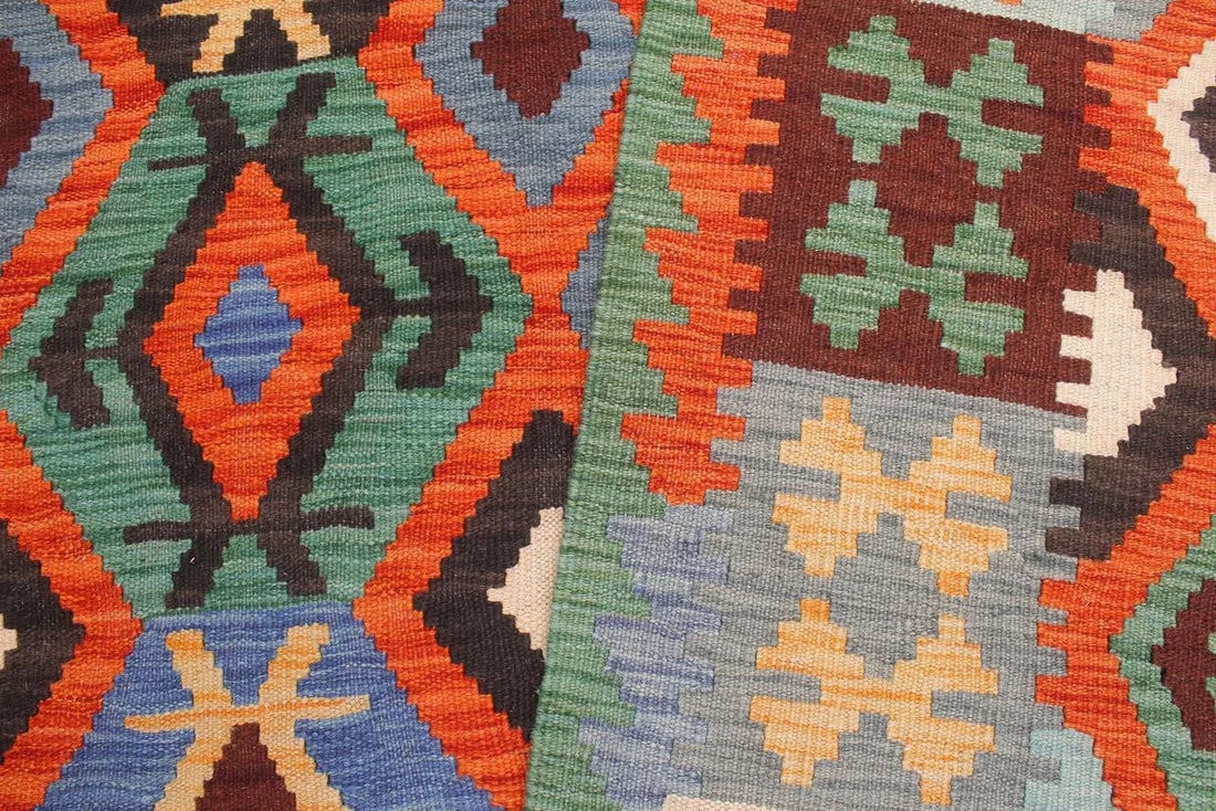 1990s Kilim Rust Blue Wool Rug - 6'9" X 9'9" - 6