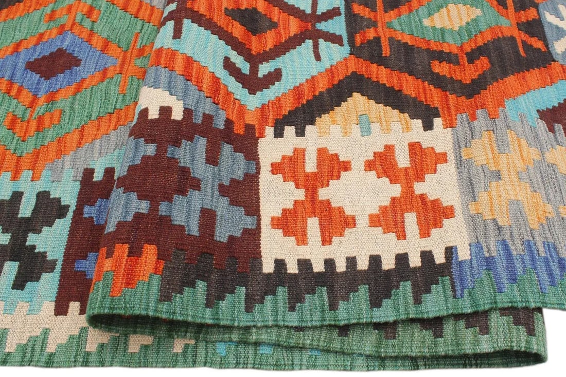 1990s Kilim Rust Blue Wool Rug - 6'9" X 9'9" - 7