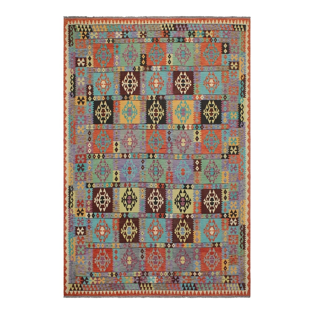 Kilim Blue Rust Wool Rug - 8'5" X 11'5": Add a touch of elegance to your home with this casual chic hand woven Tribal Kilim wool rug. Constructed on a loom by Nomad Turkman people with hand-spun wool and 100% Natural Vegetable dyes these