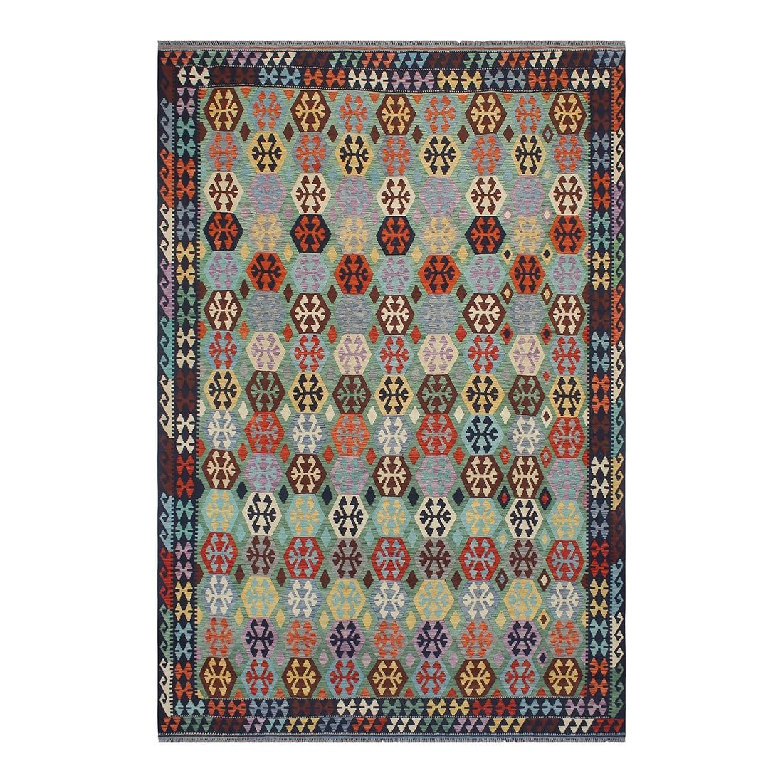 1990s 1990s Southwestern Kilim Green Blue Wool Rug - 8'9" X 11'3": Add a touch of elegance to your home with this casual chic hand woven Tribal Kilim wool rug. Constructed on a loom by Nomad Turkman people with hand-spun wool and 100% Natural Vegetable dyes these