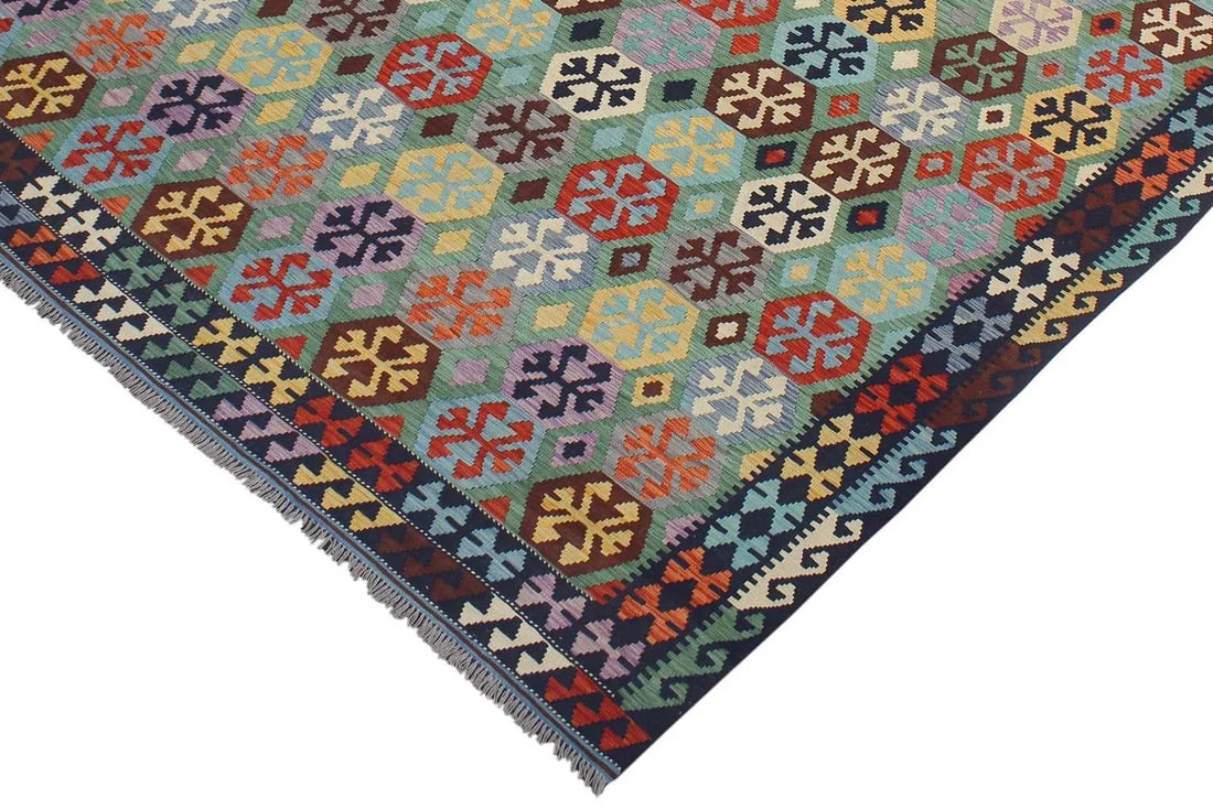 1990s 1990s Southwestern Kilim Green Blue Wool Rug - 8'9" X 11'3" - 2