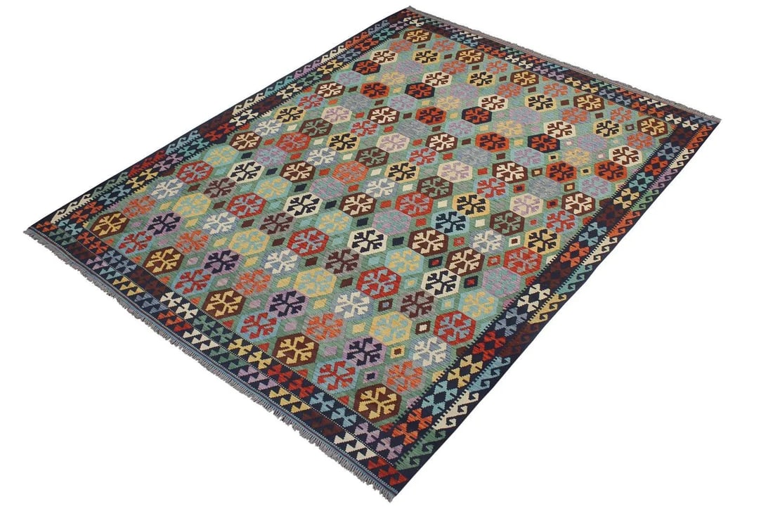 1990s 1990s Southwestern Kilim Green Blue Wool Rug - 8'9" X 11'3" - 3