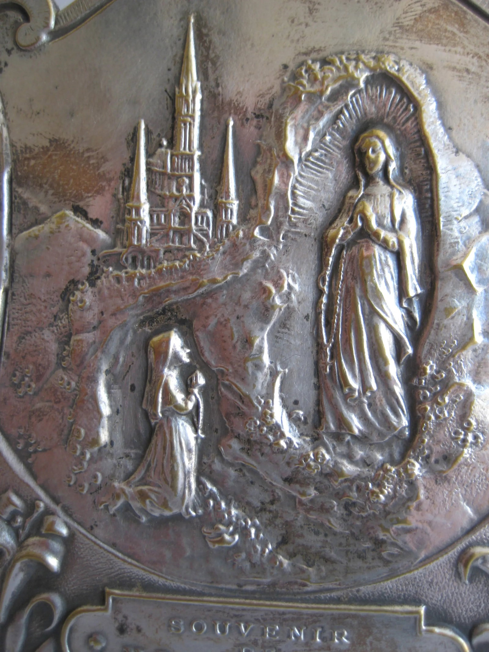 Silver Plate Frame Showing Saint Therese and the Virgin Marie in Lourdes France Circa 1905 - 2