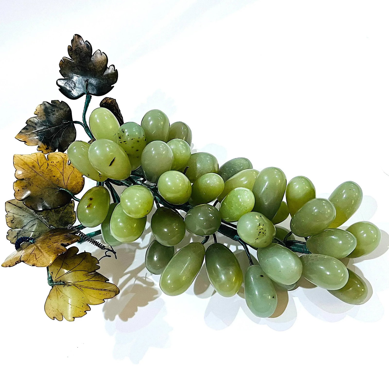 Late 20th Century Large Cluster of Chinese Carved Jade Grapes and Leaves - 4
