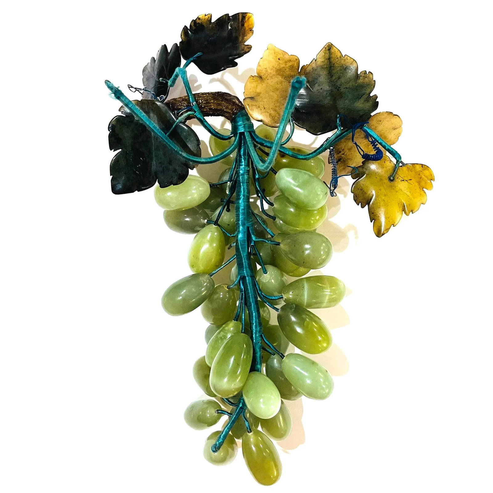 Late 20th Century Large Cluster of Chinese Carved Jade Grapes and Leaves - 8
